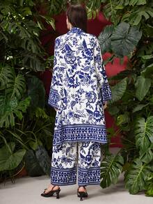 Mulvari 女用植物印花開襟夾克和褲子兩件套 - 彩色 - 查看 2