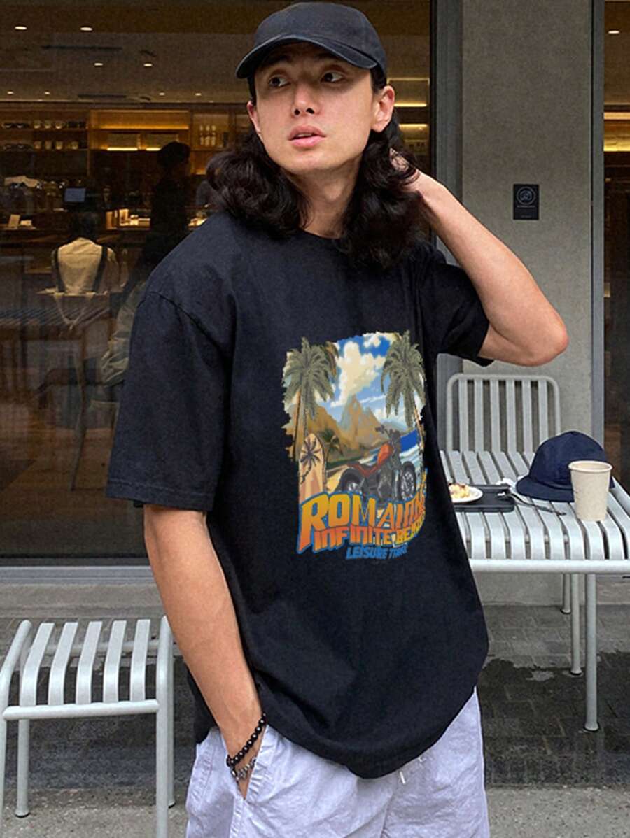 DAZY Men's Summer Tee With Seaside & Letter Print - Black - View 1