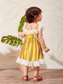 SHEIN Baby Mädchen Schönes Urlaub Paisley Muster Splicing Netz Rüsche Hemd Kleid Mit Crossbody Taschenset - Gelb - Übersicht 2