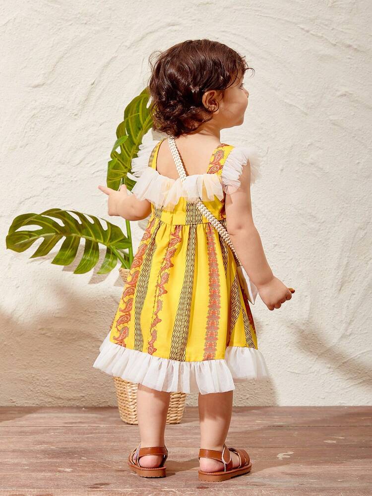 Baby Girl Lovely Vacation Paisley Pattern Splicing Mesh Ruffle Hem Dress With Crossbody Bag Set