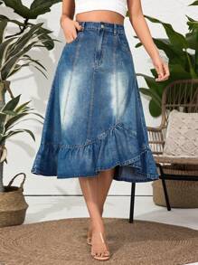 Breezaya Women's Asymmetrical Hem Stonewashed Denim Skirt - Medium Wash - View 4