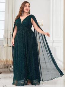 Váy dự tiệc tay dài cổ chữ V xếp nếp cỡ lớn cho nữ Váy dự tiệc cưới Váy trang trọng Váy dạ hội, Váy cô dâu, Trang phục sinh nhật cho phụ nữ, Váy tốt nghiệp, Váy dạ hội - Màu xanh lá cây đậm - Xem 6