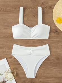 SHEIN Swim Solid Color Bikini Set, High Waisted Bikini Swimwear Bathing Suit Beach Outfit Summer Vacation - White - View 6