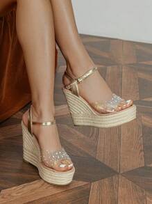 Women's Fashionable Wedge Heel & Thick Sole Rhinestone Detail Espadrilles Sandals For Summer