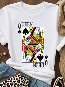 Calvaya Plus Size Queen Of Spades Playing Cards Pattern Round Neck Short Sleeve T-Shirt - White - View 6