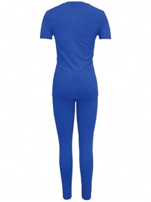 Solid Color Casual Short Sleeve Top And Skinny Pants Set - Blue - View 2