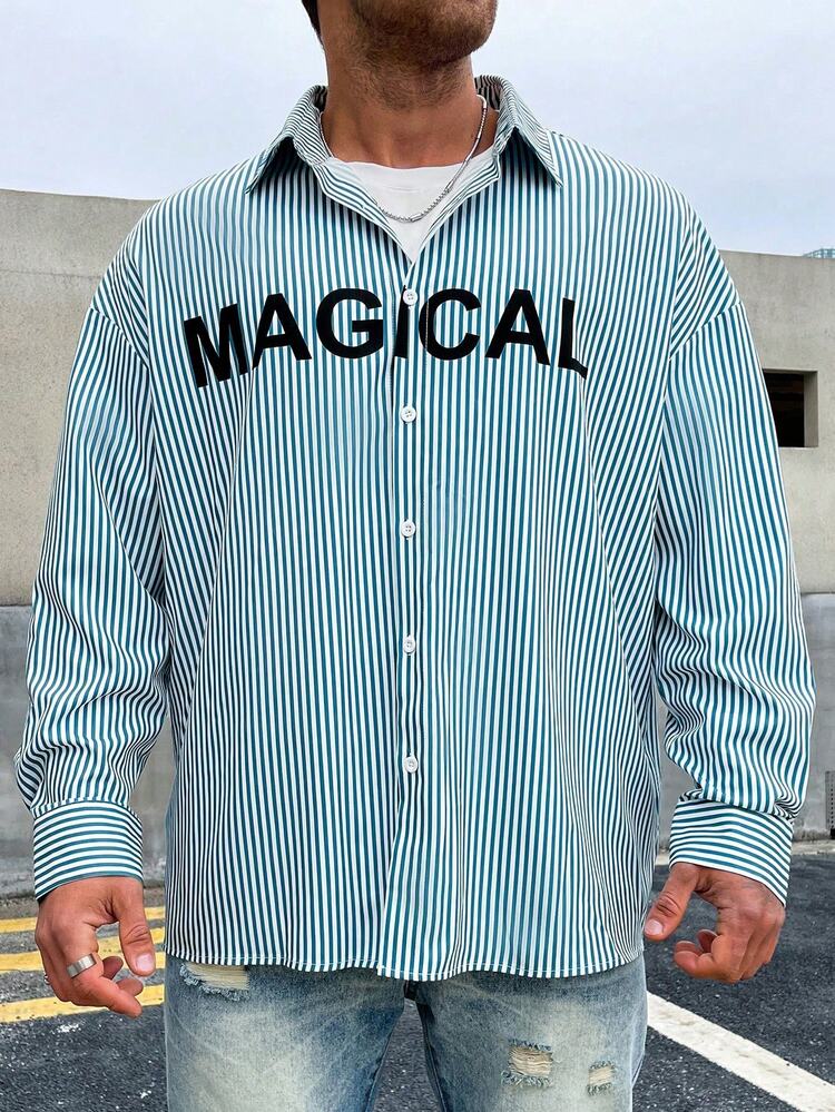 Men'S Plus Size Letter Print Striped Long Sleeve Shirt