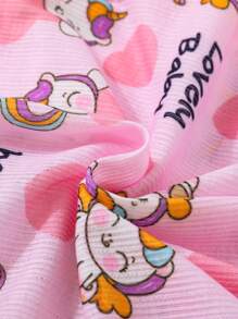 Young Girl Unicorn Printed Round Neck 3/4 Sleeve Top With Capri Pants Two Pieces Casual Home Wear Set - Pink - View 3