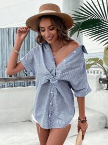 SHEIN VCAY Striped Button Front Tie Hem Short Sleeve Shirt - Navy Blue - View 5