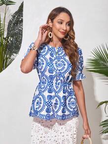 GENKIRA 女士刺绣收腰衬衫 - 藍色 - 查看 3