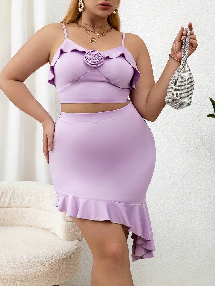 Plus Size Floral 3d Camisole With Ruffle Hem Skirt 2pcs/Set