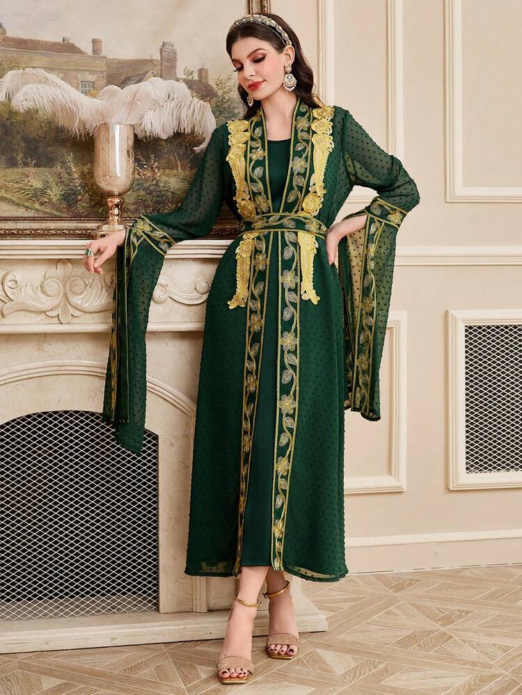 Ladies' Solid Color Dress With Water-Soluble Lace & Woven Trim Patchwork Jacket Two Pieces Set, Moroccan Kaftan, Elegant Evening Party Dress 2 Piece Set