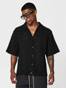 SUMWON Boxy Fit Button Through Crochet Knit Shirt - Black - View 1
