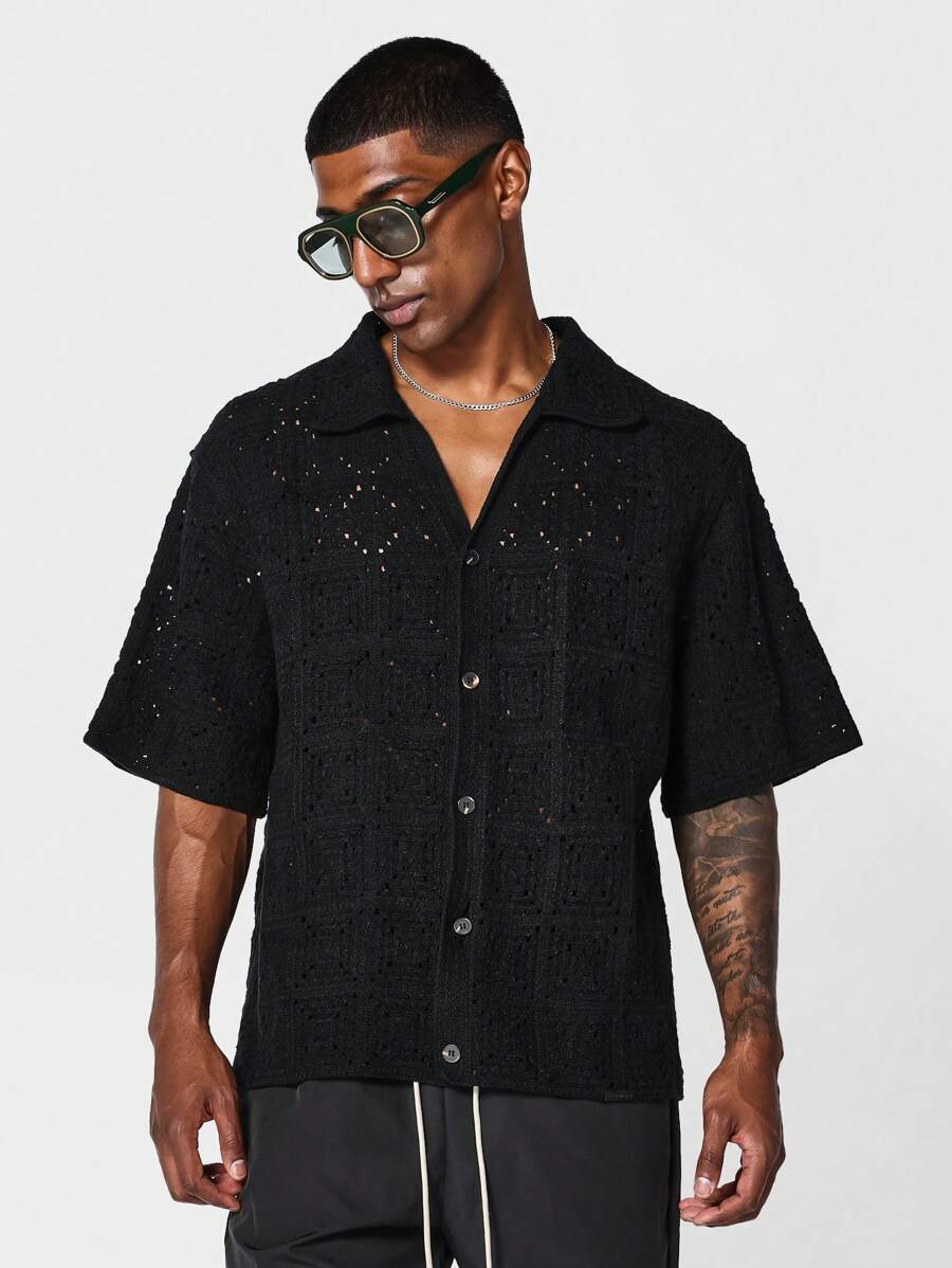 SUMWON Boxy Fit Button Through Crochet Knit Shirt - Black - View 1