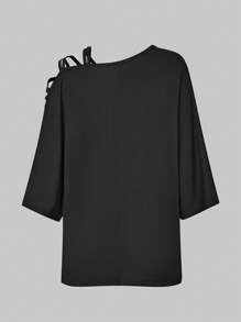 SHEIN LUNE Women's Asymmetrical Shoulder Batwing Sleeve T-Shirt - Black - View 2