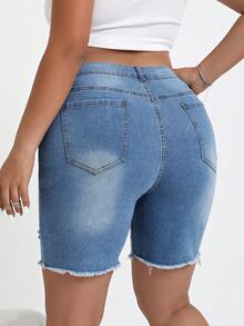 SHEIN EZwear 大碼磨損洗水褪色鬆散牛仔短褲,破褶邊處理 - 藍色 - 查看 2