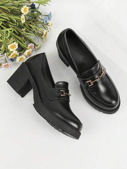 Women's Black Waterproof Platform High Heels With Thick Bottom, Patent Leather Dress Shoes, Work & Loafers Shoes