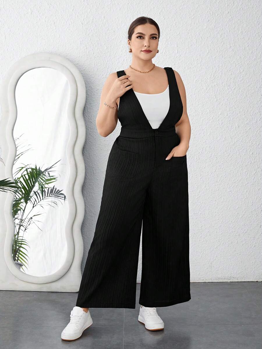SHEIN Essnce Của phụ nữ Kích thước lớn Đen Xếp li Áo liền quần - màu đen - Xem 1