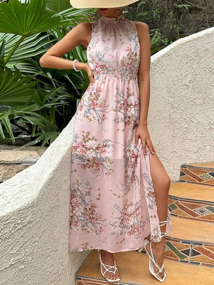 Women's Flower Print Stand Collar Side Slit Dress