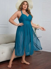 SHEIN Swim Curve Summer Beach Plus Size Solid Color V-Neck Halter One-Piece Swimsuit With Split Front - Army Green - View 5