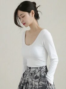 DAZY Camiseta de manga larga con cuello en V de unicolor para mujer, con volantes, ropa de otoño