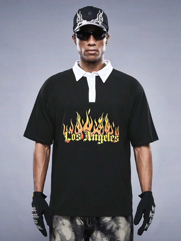 Men's Loose Spark & Text Printed Short Sleeve Knit Casual Polo Shirt