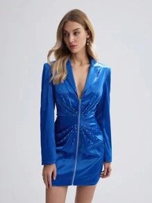 BizChic Women's Solid Color Zipper Blazer Jacket - Blue - View 3