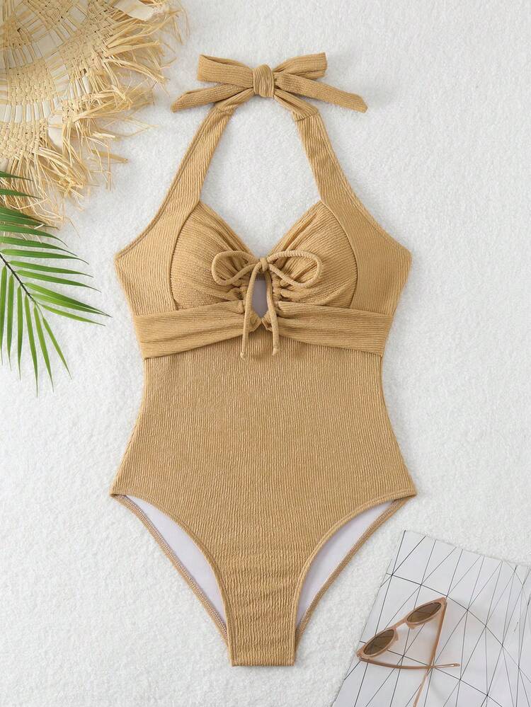 Women's Solid Color Halter One-Piece Swimsuit Summer