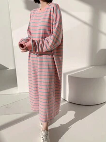 DAZY 女式条纹落肩宽松连衣裙、休闲女装、返校服、秋季连衣裙、长袖连衣裙 - 粉色 - 查看 4