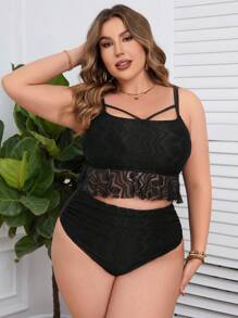 SHEIN Swim Curve 大碼蕾絲拼接空心比基尼套裝,沙灘裝泳裝音樂節夏季 - 黑色 - 查看 3