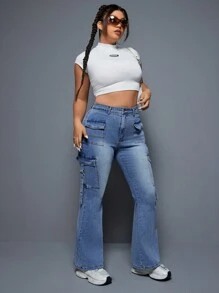 SHEIN ICON Kích thước lớn Của phụ nữ Trang phục làm việc Túi Quần jean loe - Màu xanh lam - Xem 5