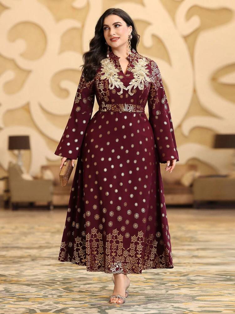 Burgundy Red Plus Size Women's Sparkling Rhinestone Flower Print Long Sleeve Arabian Dress, Elegant Luxury Evening Party Style Kaftan Jalabiya Dress