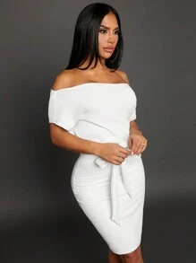 SHEIN SXY 纯色露肩优雅紧身连衣裙 - 白色 - 查看 5