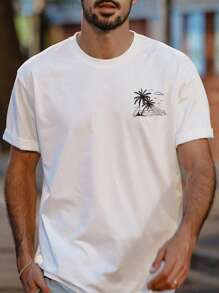 Manfinity RSRT Men White Knit Coconut Palm Tree Graphic Print Round Neck Short Sleeve Summer T-Shirt, Vacation, Fashion, Boyfriend Gift - White - View 1