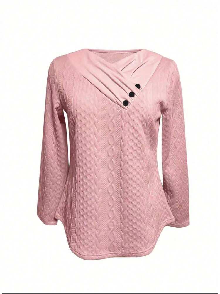 Women's Solid Color Asymmetric Collar With Button Detail Sweatshirt
