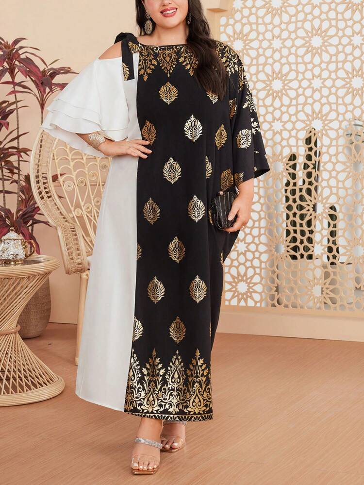 Plus Size Women's Gold Foil Flower Asymmetric Collar Dress