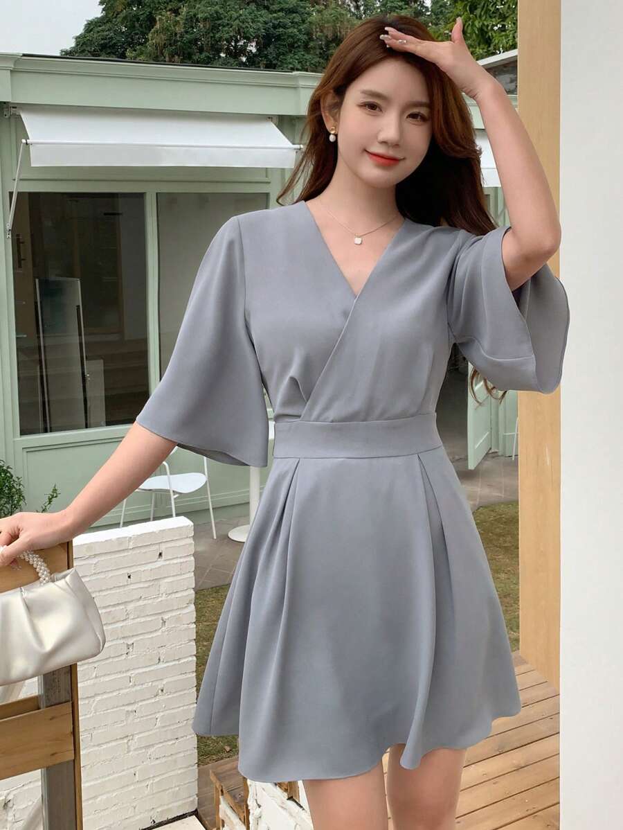 DAZY Women's Solid Color V-Neck Bell Sleeve Dress Sundress,Casual Women Dresses - Blue - View 1