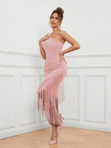 SHEIN Belle 女士纯色不对称领口流苏装饰连衣裙优雅鸡尾酒半正式舞会婚礼宾客礼服，适合生日、毕业典礼、晚宴、返校节 - 藕粉色 - 查看 2