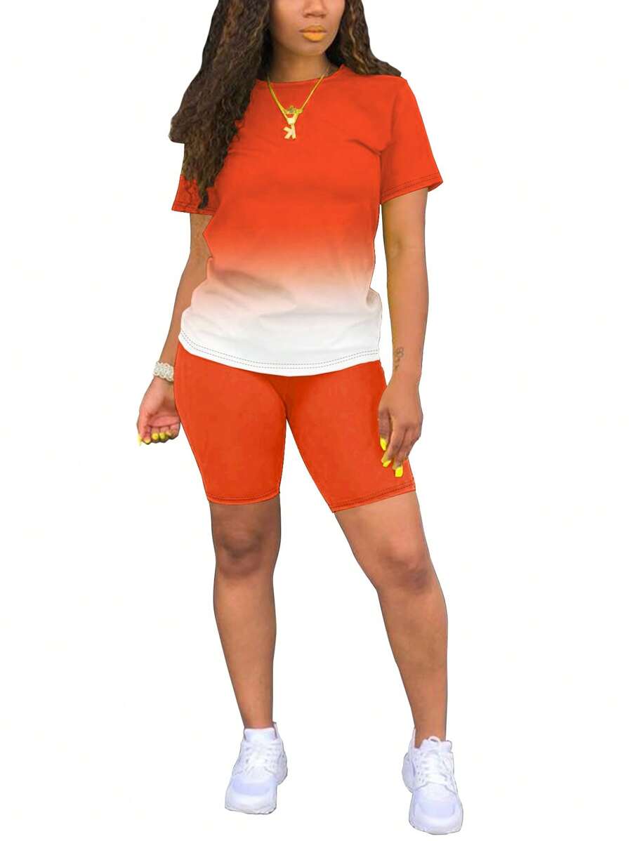 2pcs/Set Ombre Short Sleeve Top And Shorts Summer Set - Orange - View 1