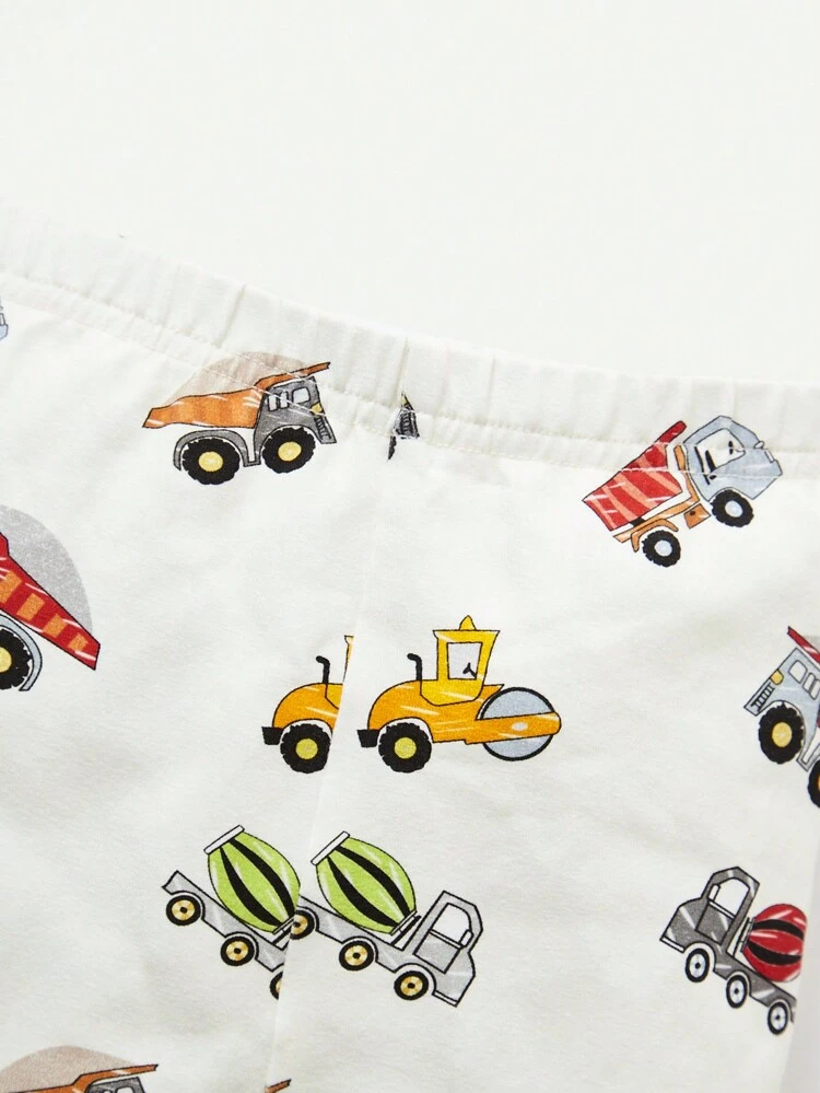 Baby Boy Snug Fit Pajamas Set With Cartoon Fun Car Pattern, Round Neck Top And Footed Pants