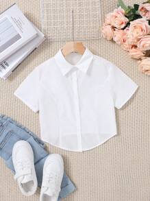 SHEIN Teen Girls Collared Curved Hem Blouse - White - View 1