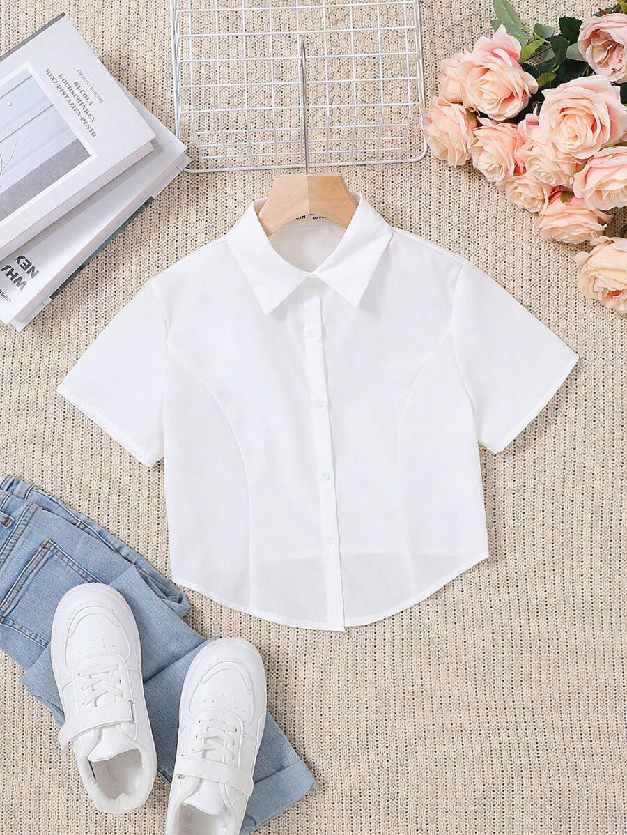 SHEIN Teen Girls Collared Curved Hem Blouse - White - View 1