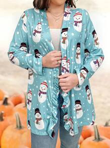 Calvaya Plus Christmas Christmas Snowman Print Frill Trim Coat