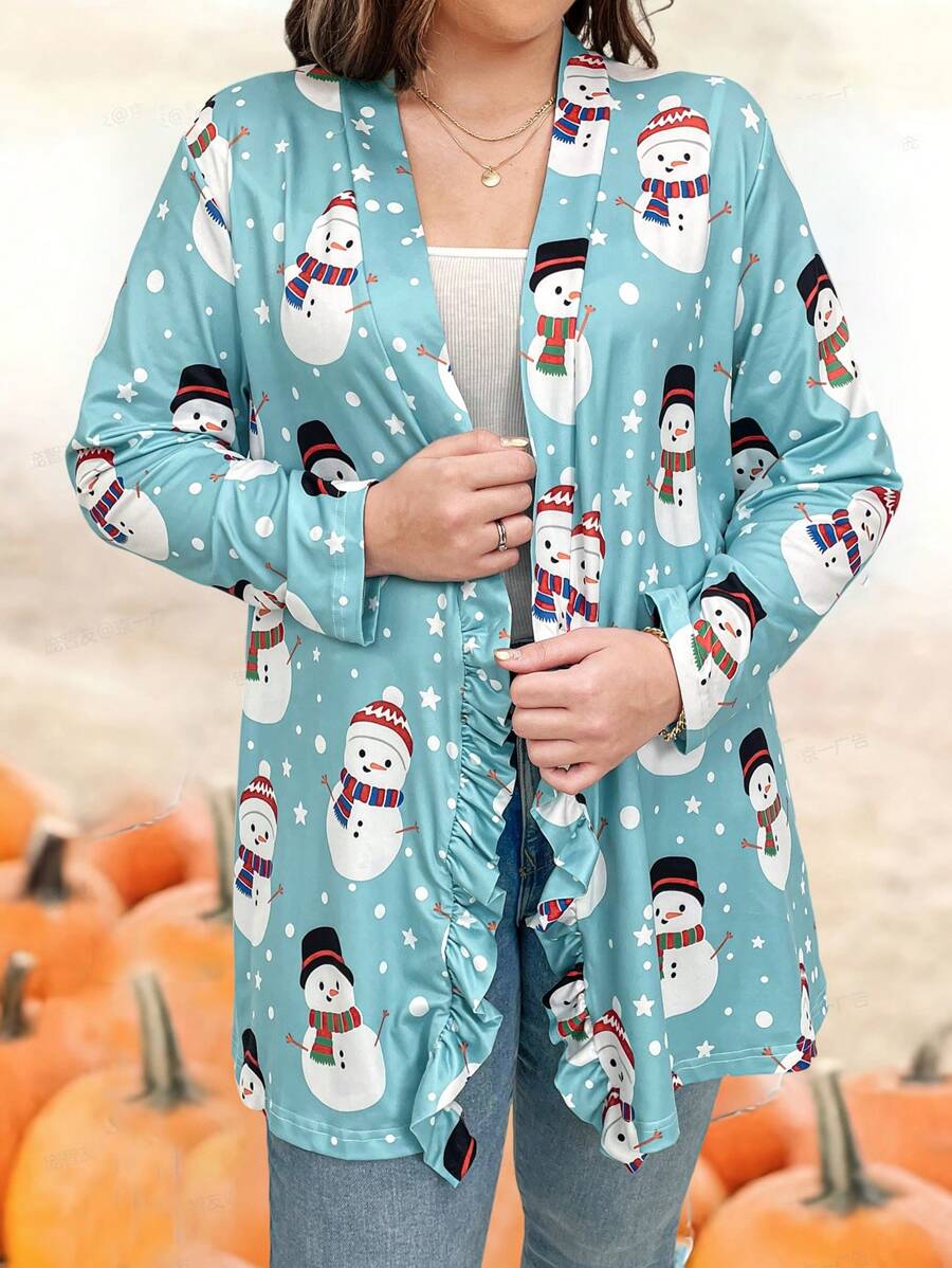 Calvaya Plus Christmas Christmas Snowman Print Frill Trim Coat