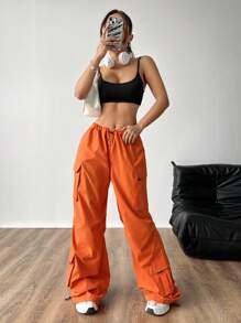 SHEIN EZwear Baggy Parachute-Style Cargo Pants - Orange - View 4