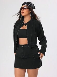 SHEIN ICON Kích thước lớn Của phụ nữ Ngắn Đúng mốt Xe máy Áo khoác Áo khoác denim - màu đen - Xem 6