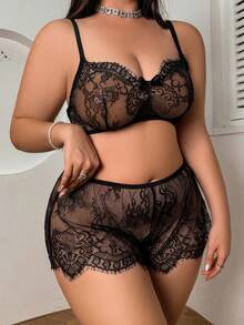 Lace Wireless Plus Size Women's Lingerie Set - Black - View 6