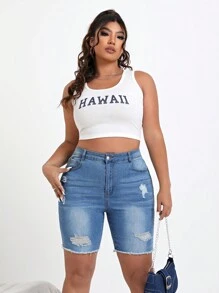 SHEIN EZwear 大碼磨損洗水褪色鬆散牛仔短褲,破褶邊處理 - 藍色 - 查看 4