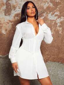 SHEIN SXY 女白襯衫收腰洋裝 - 白色 - 查看 6