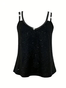 Breezaya 露背領口雙肩帶鑲有鑽石裝飾的背心,鍍銀材質